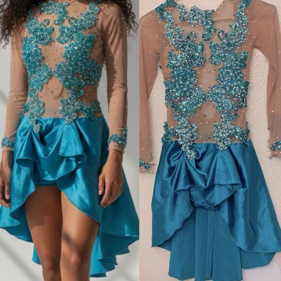 Glamorous Custom solo dance costume dress lyrical teal rhinestone embellish XSA - Picture 1 of 15